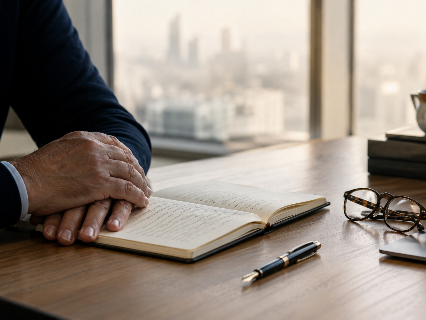 Workspace detail, notebook and reading glasses on a desk
