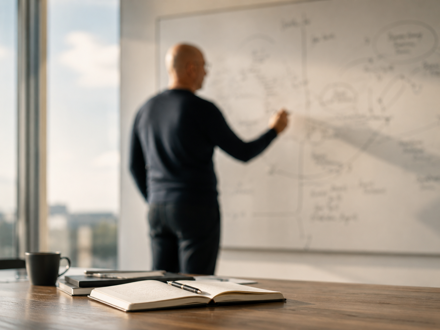 Strategy working session, whiteboard out of focus in the background