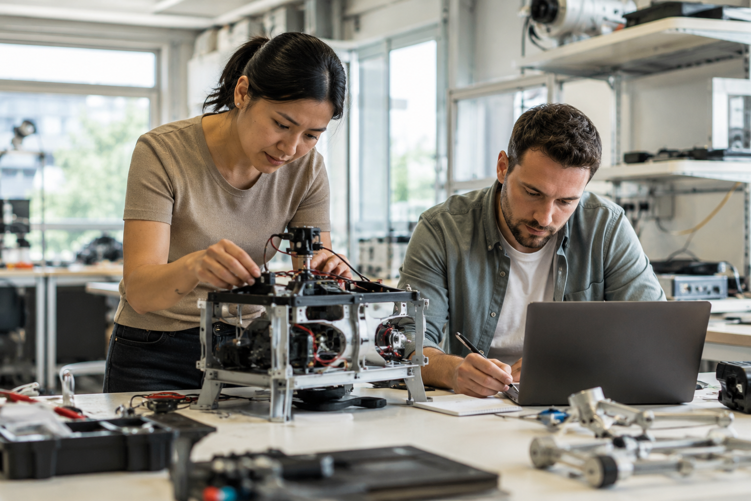 Founder team at work in a hardware lab setting