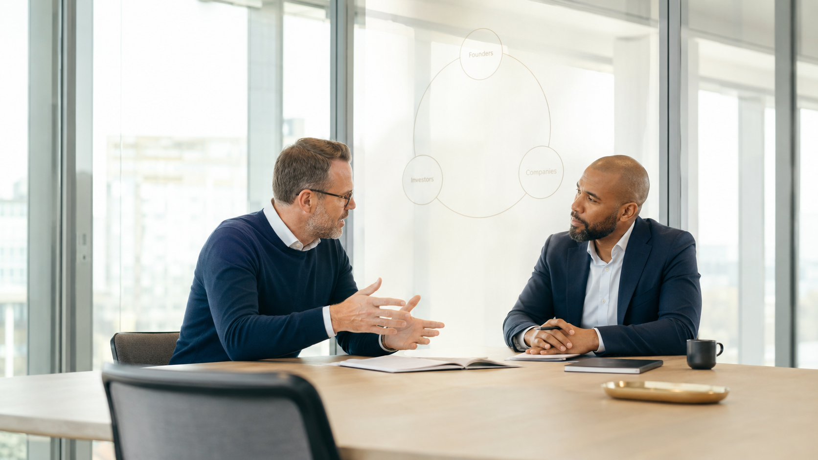 Founder and industry partner in conversation, the Circle of Life diagram visible in the background