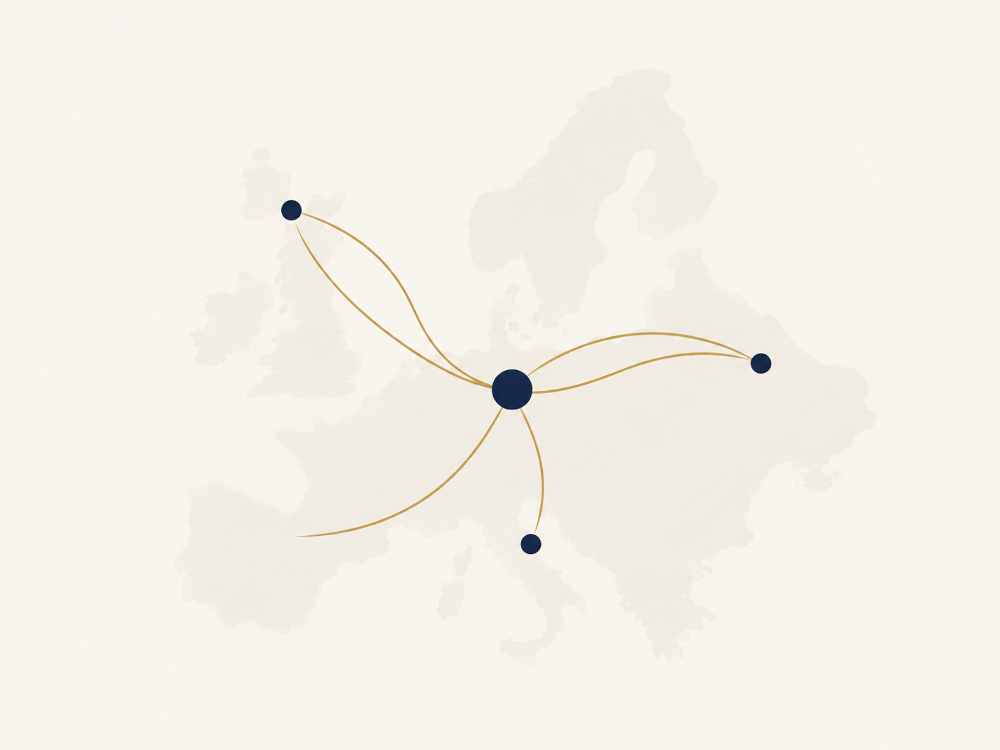 Abstract capital flow map of Europe, connections between key hubs