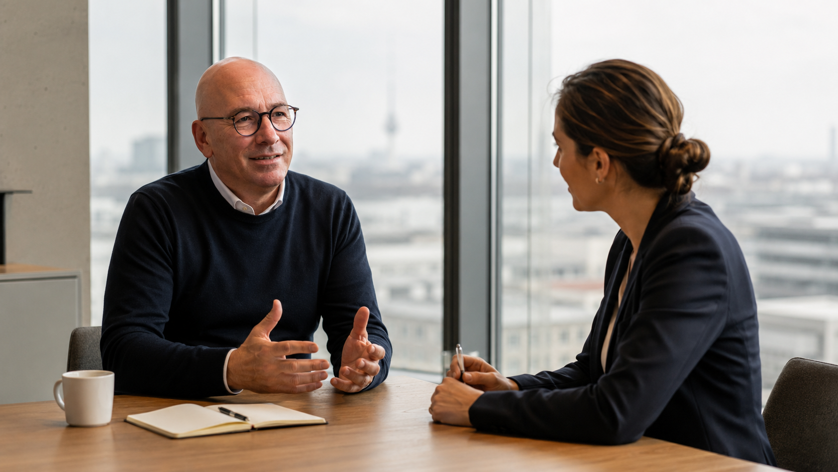 Investor meeting in a calm, modern office setting